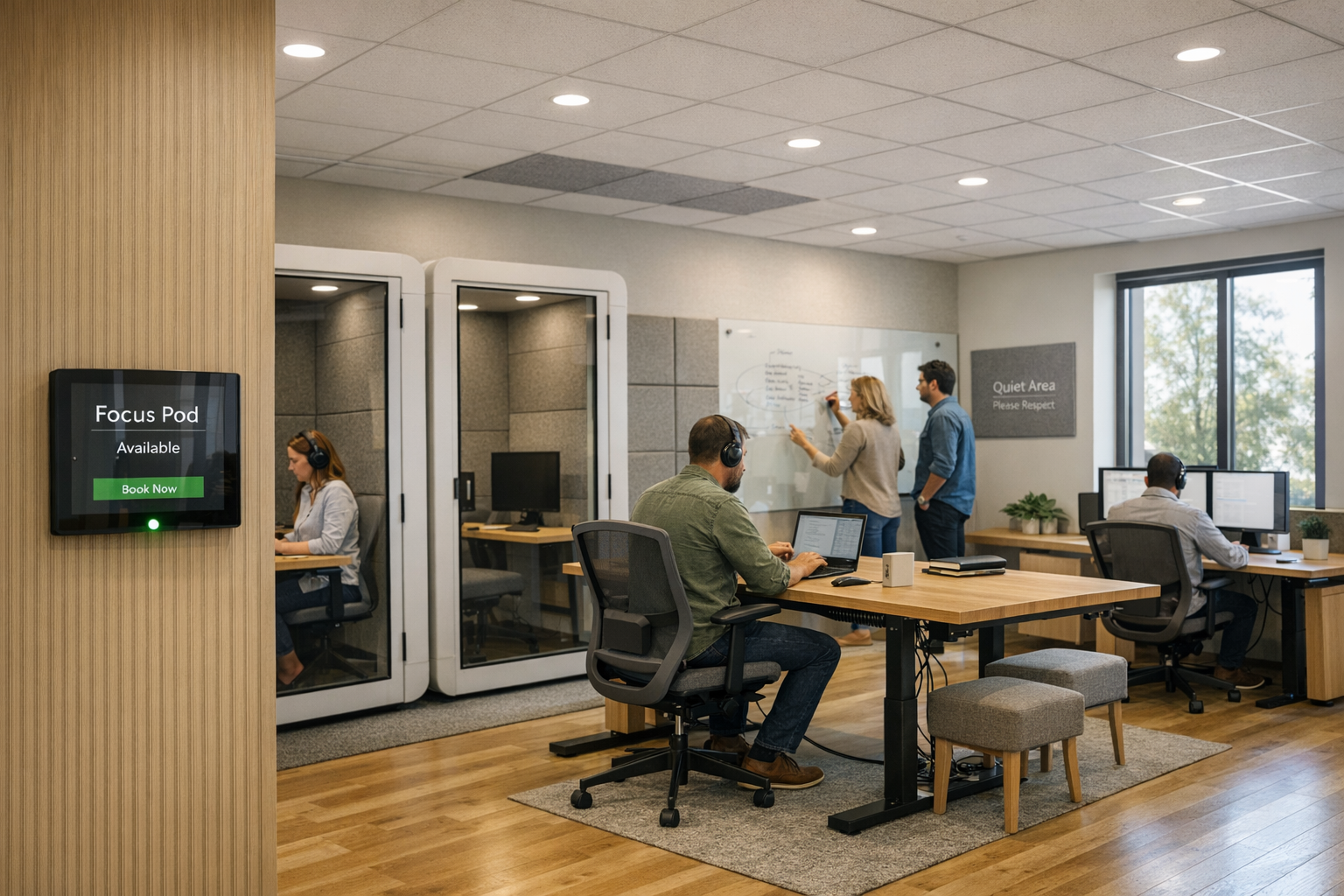 Modern kantoor met hybride werkplekken