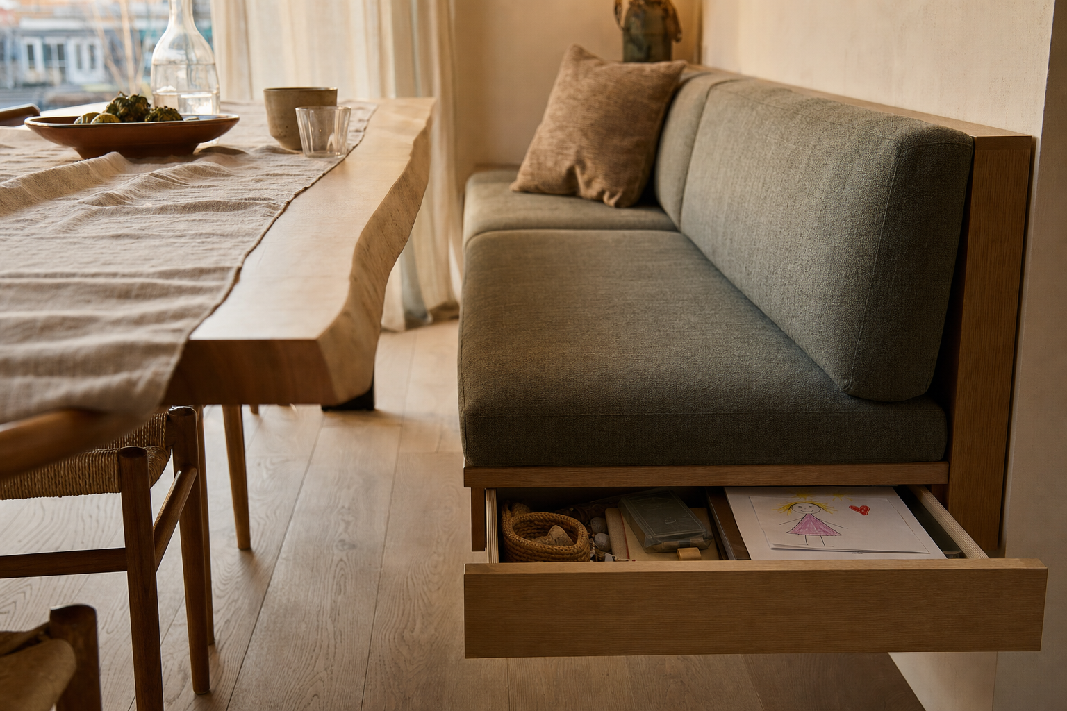 Wandbank met slimme opbergruimte