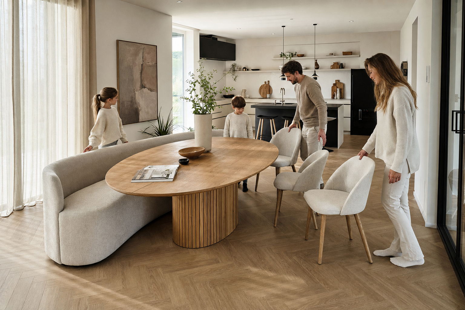 Ovale eetkamerbank met ovale eettafel in moderne eetkamer